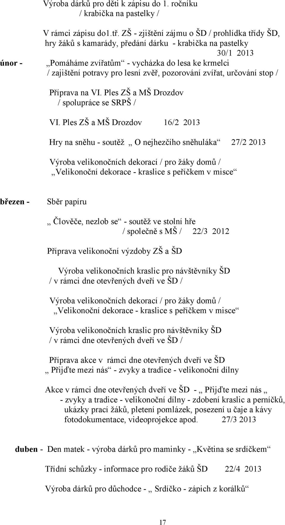 pozorování zvířat, určování stop / Příprava na VI. Ples ZŠ a MŠ Drozdov / spolupráce se SRPŠ / VI.