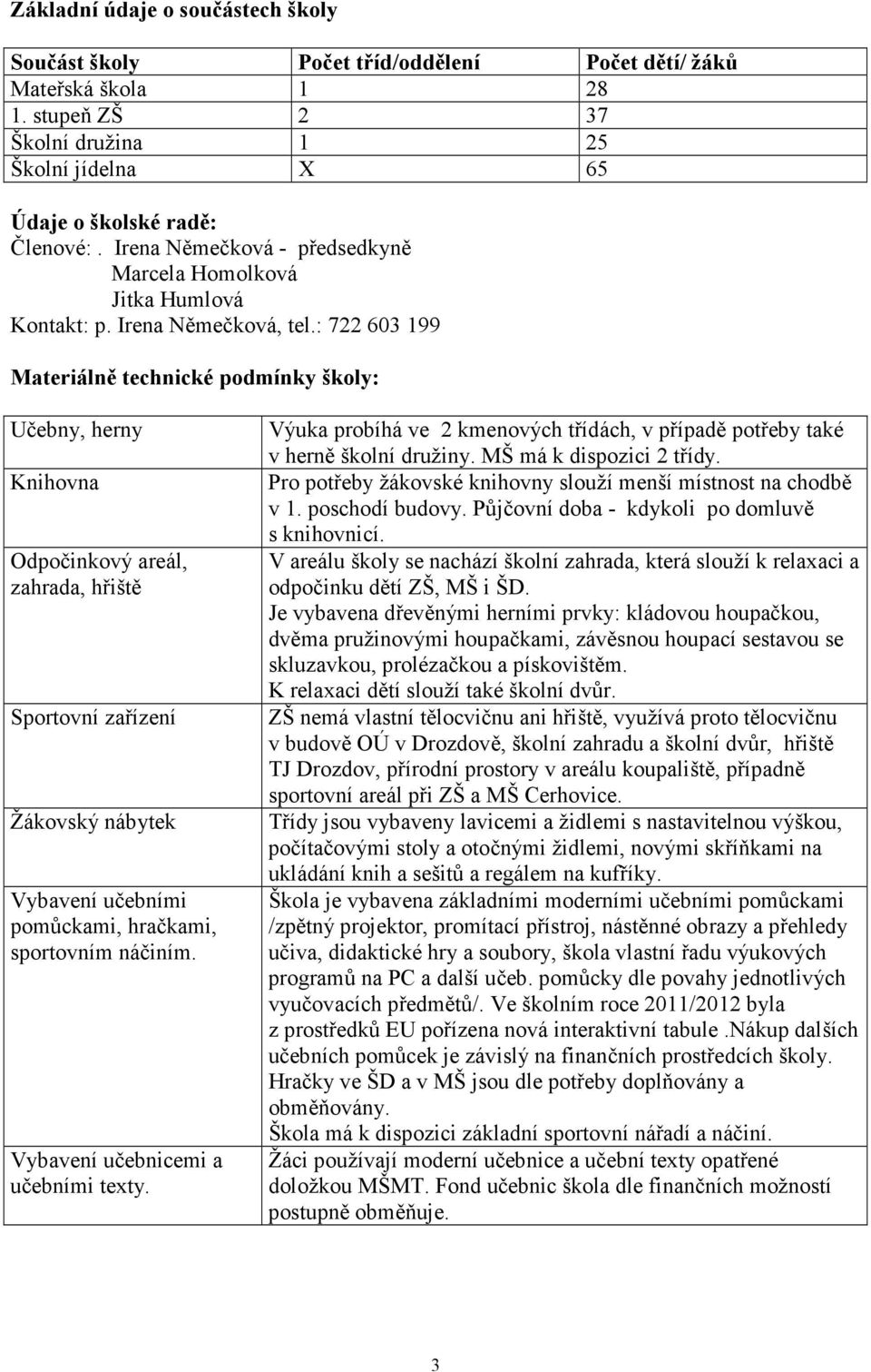 : 722 603 199 Materiálně technické podmínky školy: Učebny, herny Knihovna Odpočinkový areál, zahrada, hřiště Sportovní zařízení Žákovský nábytek Vybavení učebními pomůckami, hračkami, sportovním