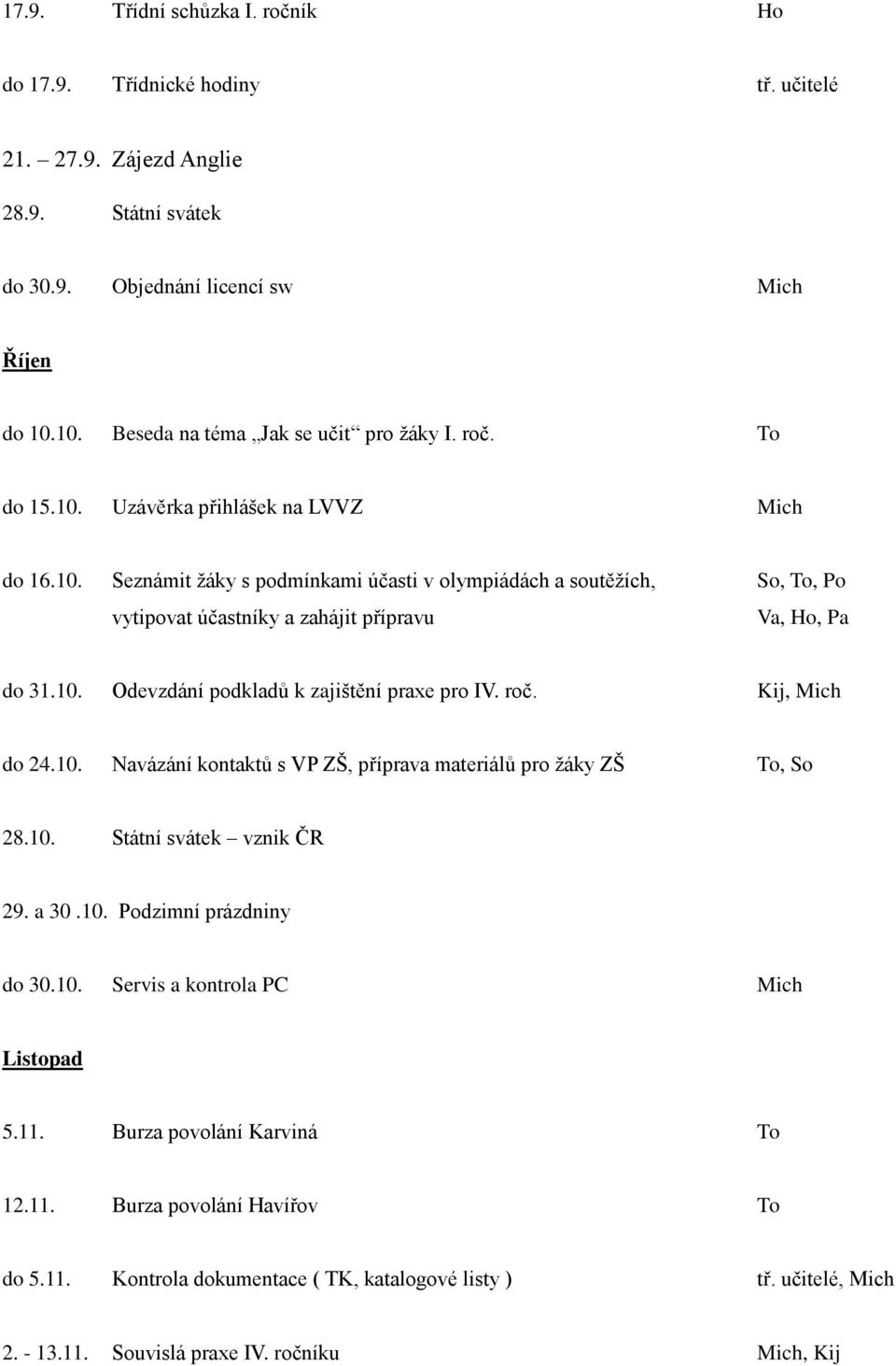 10. Odevzdání podkladů k zajištění praxe pro IV. roč. Kij, Mich do 24.10. Navázání kontaktů s VP ZŠ, příprava materiálů pro žáky ZŠ To, So 28.10. Státní svátek vznik ČR 29. a 30.10. Podzimní prázdniny do 30.