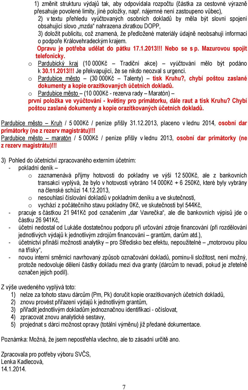 předložené materiály údajně neobsahují informaci o podpoře Královehradeckým krajem. Opravu je potřeba udělat do pátku 17.1.2013!!! Nebo se s p. Mazurovou spojit telefonicky.