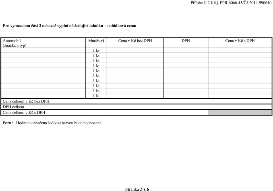 Cena celkem v Kč s DPH Množství Cena v Kč bez DPH DPH Cena v Kč s