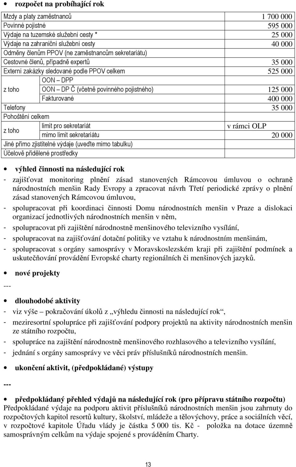 Telefony 35 000 Pohoštění celkem z toho limit pro sekretariát v rámci OLP mimo limit sekretariátu 20 000 Jiné přímo zjistitelné výdaje (uveďte mimo tabulku) Účelově přidělené prostředky výhled