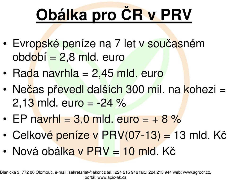 na kohezi = 2,13 mld. euro = -24 % EP navrhl = 3,0 mld.