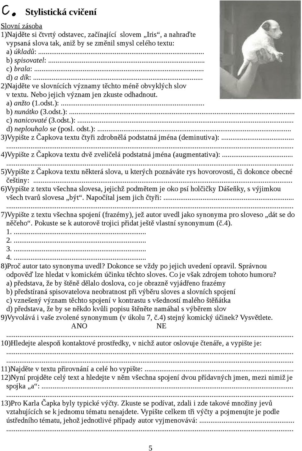 odst.):... 3)Vypište z Čapkova textu čtyři zdrobnělá podstatná jména (deminutiva):... 4)Vypište z Čapkova textu dvě zveličelá podstatná jména (augmentativa):.