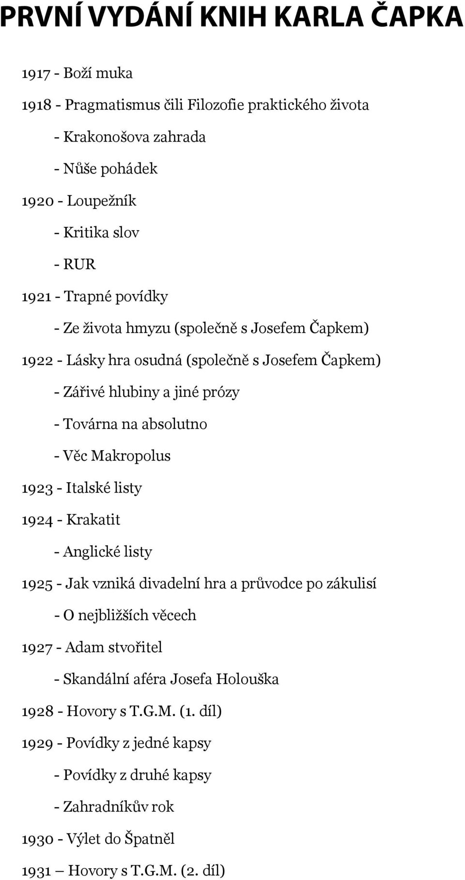 Věc Makropolus 1923 - Italské listy 1924 - Krakatit - Anglické listy 1925 - Jak vzniká divadelní hra a průvodce po zákulisí - O nejbližších věcech 1927 - Adam stvořitel -