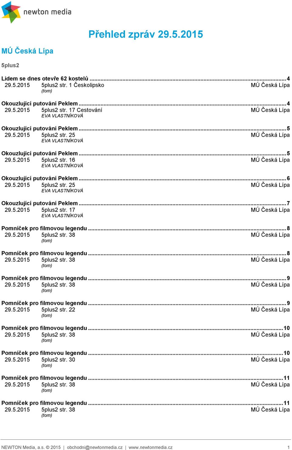 5.2015 5plus2 str. 17 MÚ Česká Lípa EVA VLASTNÍKOVÁ Pomníček pro filmovou legendu... 8 29.5.2015 5plus2 str. 38 MÚ Česká Lípa Pomníček pro filmovou legendu... 8 29.5.2015 5plus2 str. 38 MÚ Česká Lípa Pomníček pro filmovou legendu... 9 29.