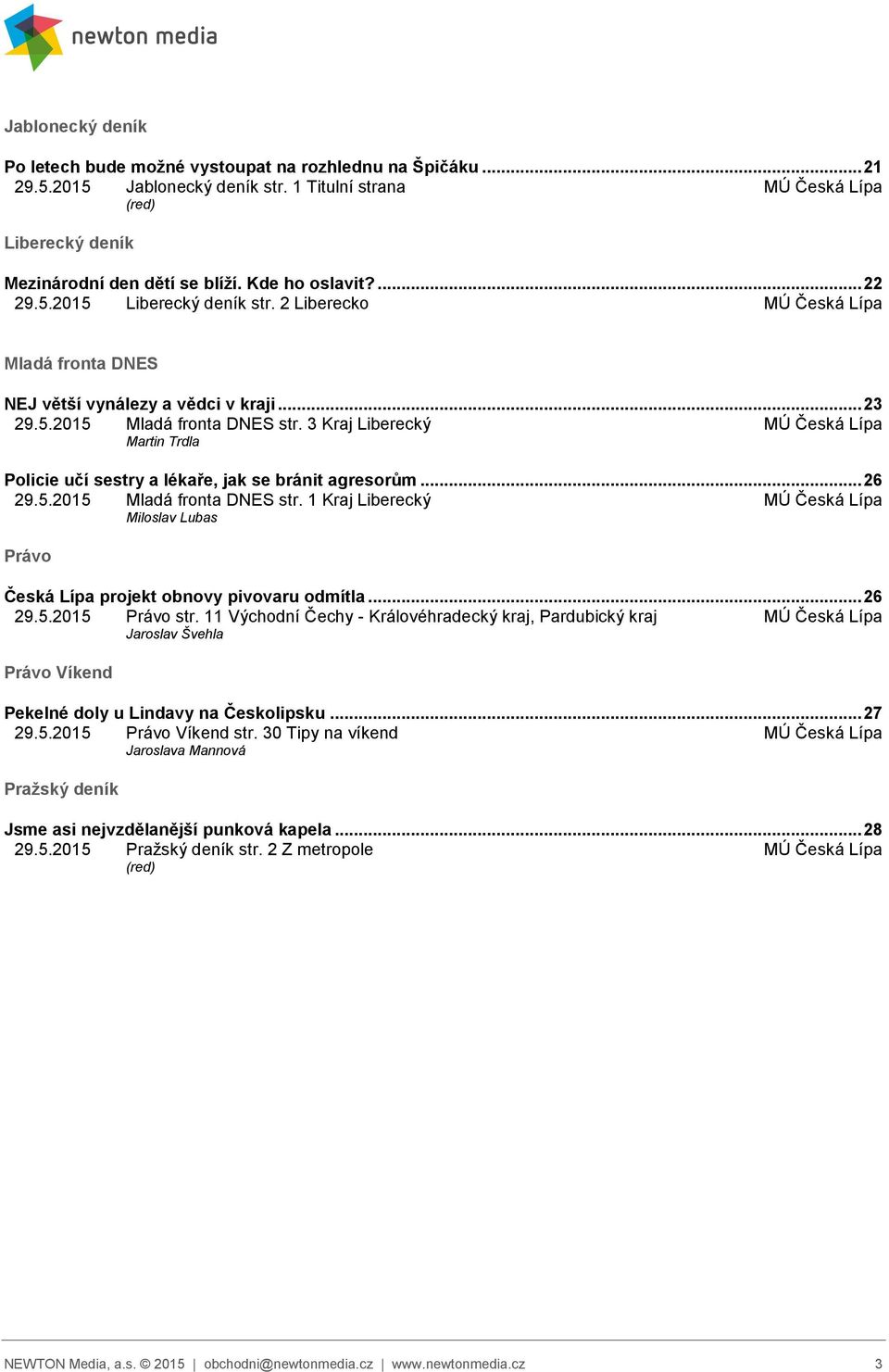 3 Kraj Liberecký MÚ Česká Lípa Martin Trdla Policie učí sestry a lékaře, jak se bránit agresorům... 26 29.5.2015 Mladá fronta DNES str.