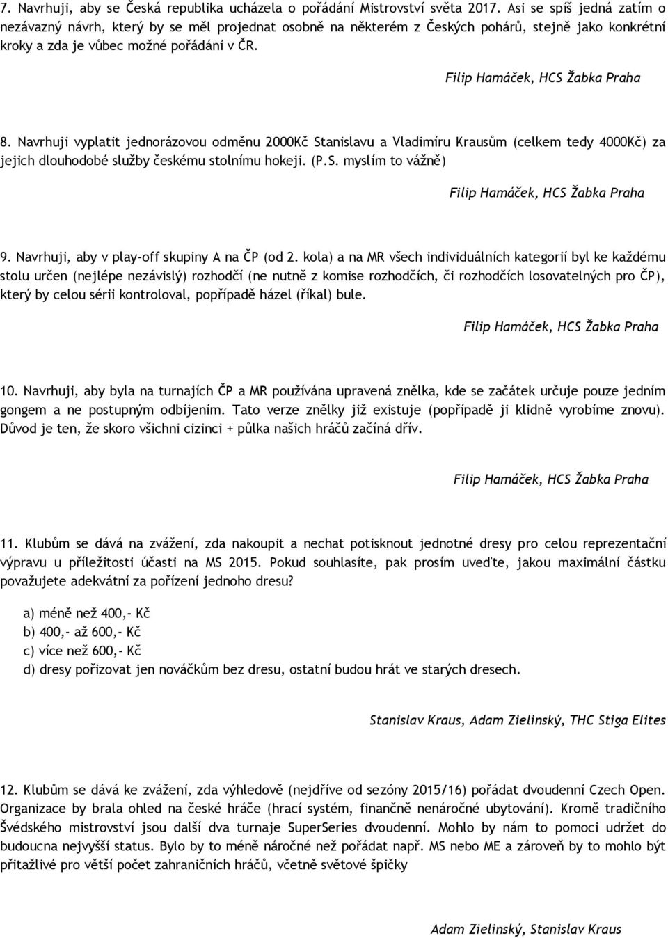 Filip Hamáček, HCS Žabka Praha 8. Navrhuji vyplatit jednorázovou odměnu 2000Kč Stanislavu a Vladimíru Krausům (celkem tedy 4000Kč) za jejich dlouhodobé služby českému stolnímu hokeji. (P.S. myslím to vážně) Filip Hamáček, HCS Žabka Praha 9.