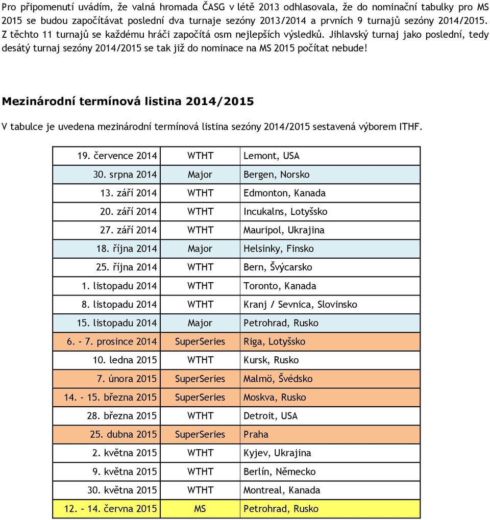 Mezinárodní termínová listina 2014/2015 V tabulce je uvedena mezinárodní termínová listina sezóny 2014/2015 sestavená výborem ITHF. 19. července 2014 WTHT Lemont, USA 30.