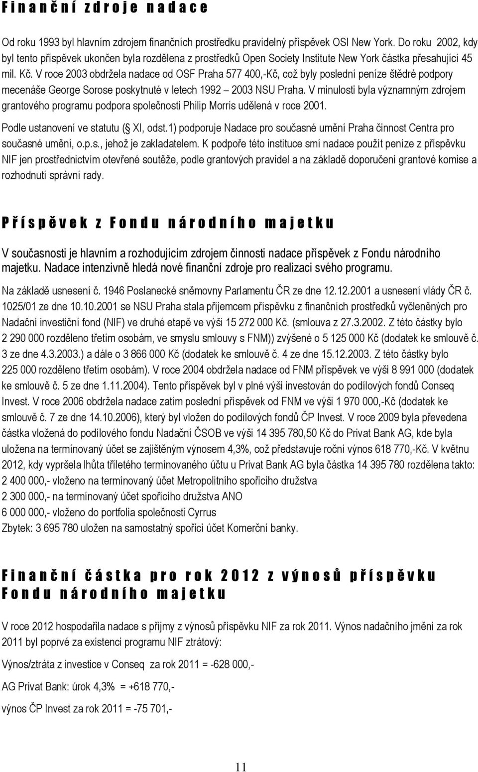 V roce 2003 obdržela nadace od OSF Praha 577 400,-Kč, což byly poslední peníze štědré podpory mecenáše George Sorose poskytnuté v letech 1992 2003 NSU Praha.