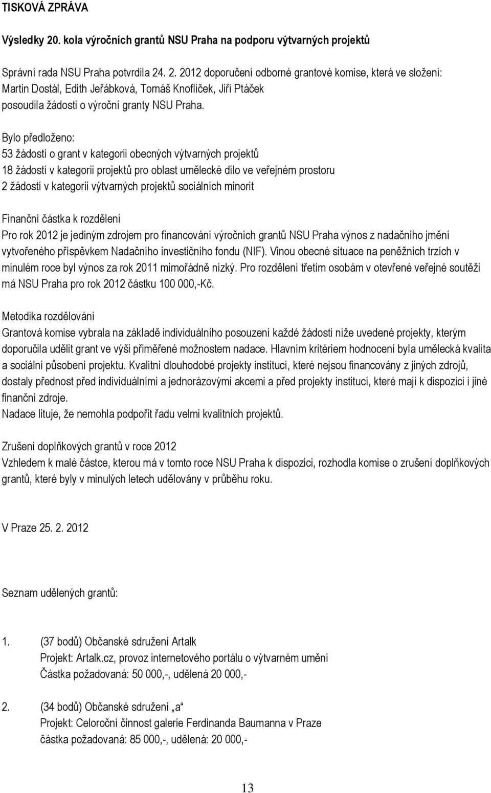 sociálních minorit Finanční částka k rozdělení Pro rok 2012 je jediným zdrojem pro financování výročních grantů NSU Praha výnos z nadačního jmění vytvořeného příspěvkem Nadačního investičního fondu