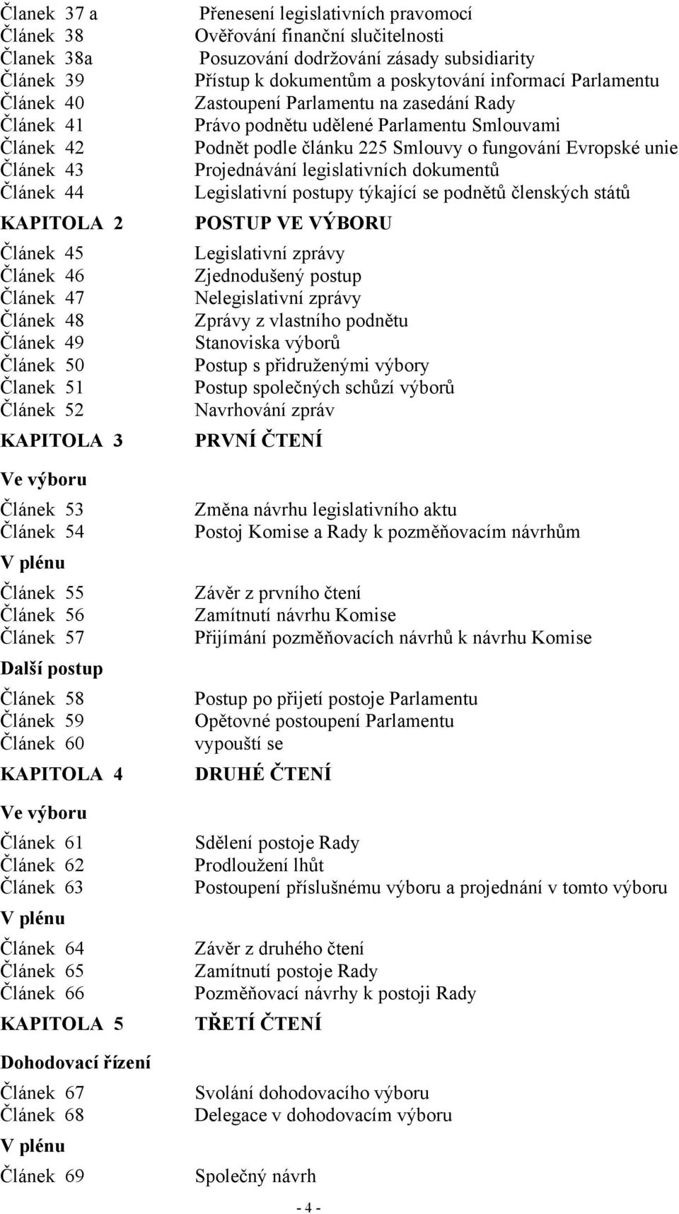 KAPITOLA 5 Dohodovací řízení Článek 67 Článek 68 V plénu Článek 69 Přenesení legislativních pravomocí Ověřování finanční slučitelnosti Posuzování dodržování zásady subsidiarity Přístup k dokumentům a