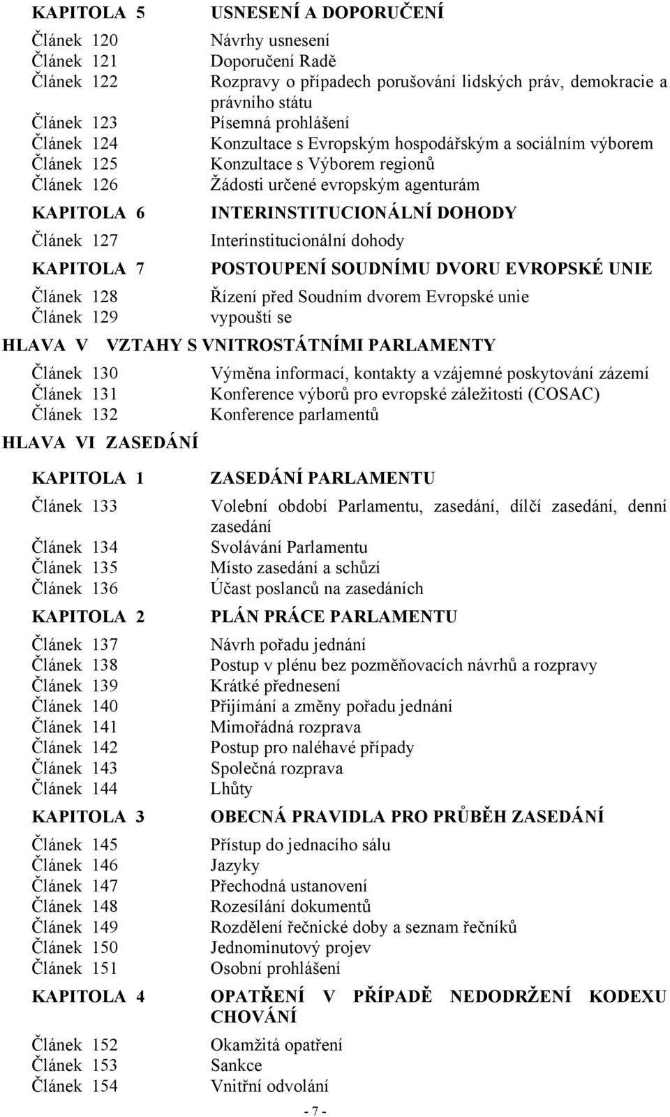 DOHODY Článek 127 Interinstitucionální dohody KAPITOLA 7 POSTOUPENÍ SOUDNÍMU DVORU EVROPSKÉ UNIE Článek 128 Řízení před Soudním dvorem Evropské unie Článek 129 vypouští se HLAVA V VZTAHY S