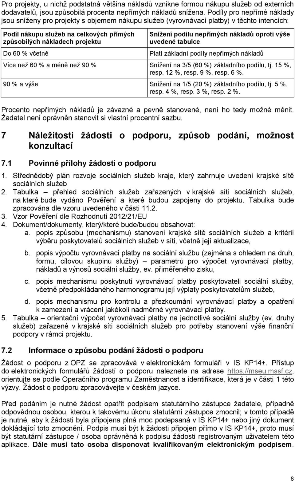 včetně Snížení podílu nepřímých nákladů oproti výše uvedené tabulce Platí základní podíly nepřímých nákladů Více než 60 % a méně než 90 % Snížení na 3/5 (60 %) základního podílu, tj. 15 %, resp.