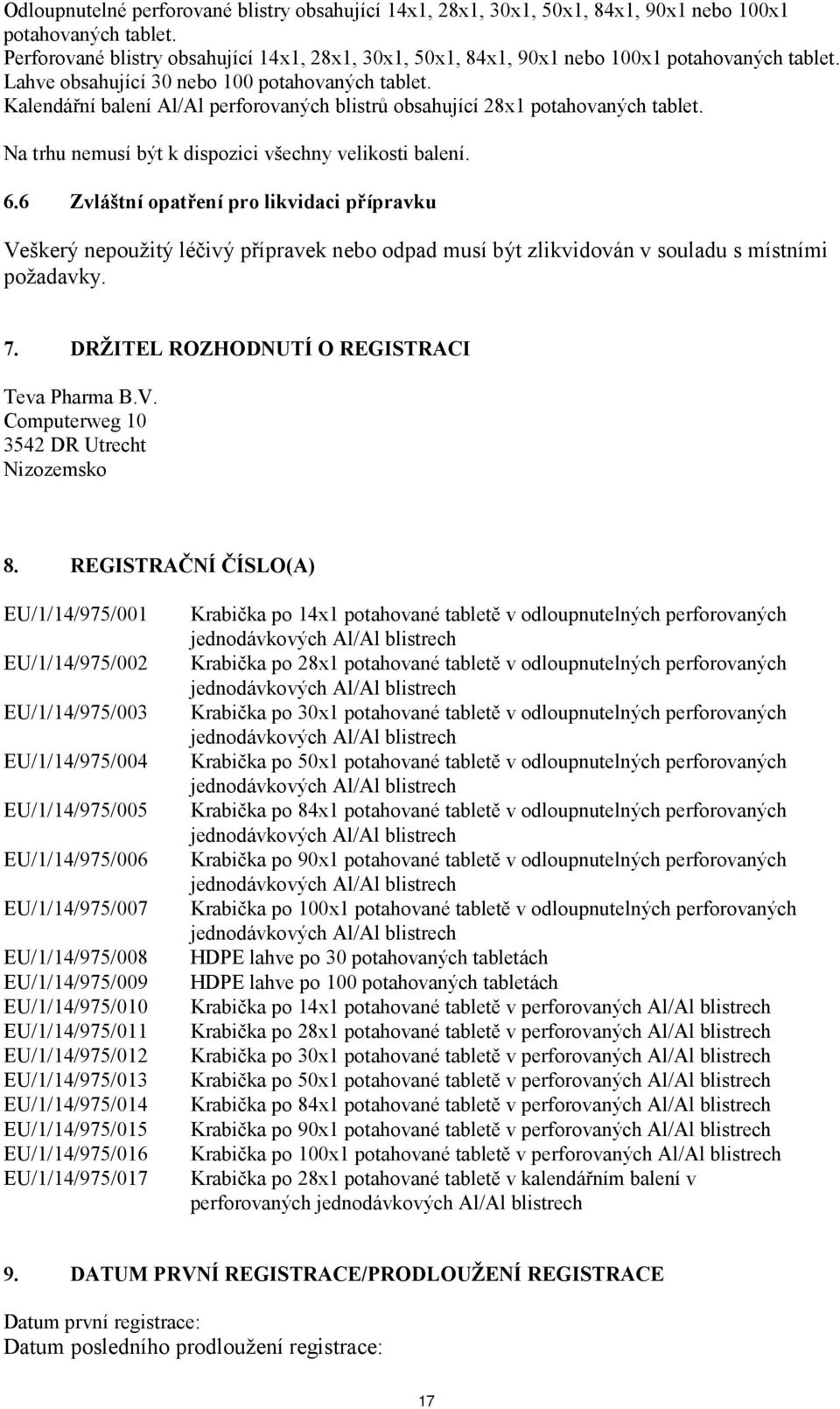 Kalendářní balení Al/Al perforovaných blistrů obsahující 28x1 potahovaných tablet. Na trhu nemusí být k dispozici všechny velikosti balení. 6.