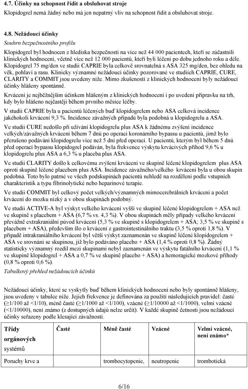 pacientů, kteří byli léčeni po dobu jednoho roku a déle. Klopidogrel 75 mg/den ve studii CAPRIE byla celkově srovnatelná s ASA 325 mg/den, bez ohledu na věk, pohlaví a rasu.