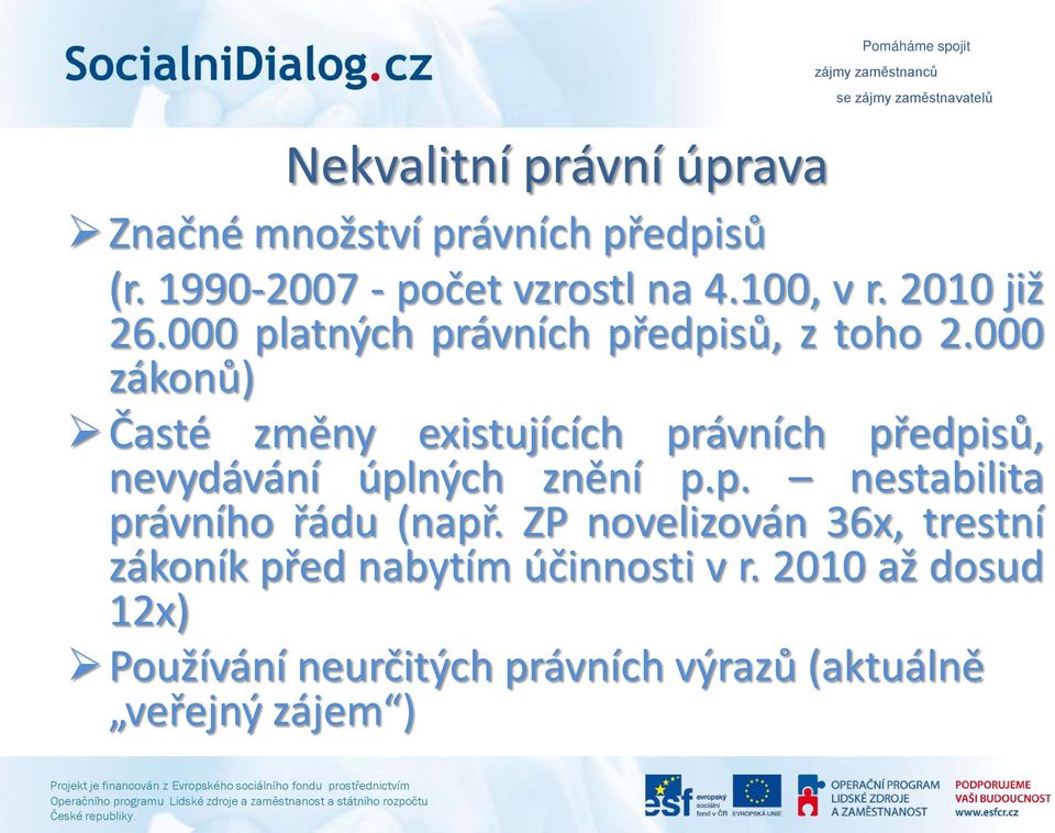 000 zákonů) Časté změny existujících právních předpisů, nevydávání úplných znění p.p. nestabilita právního řádu (např.