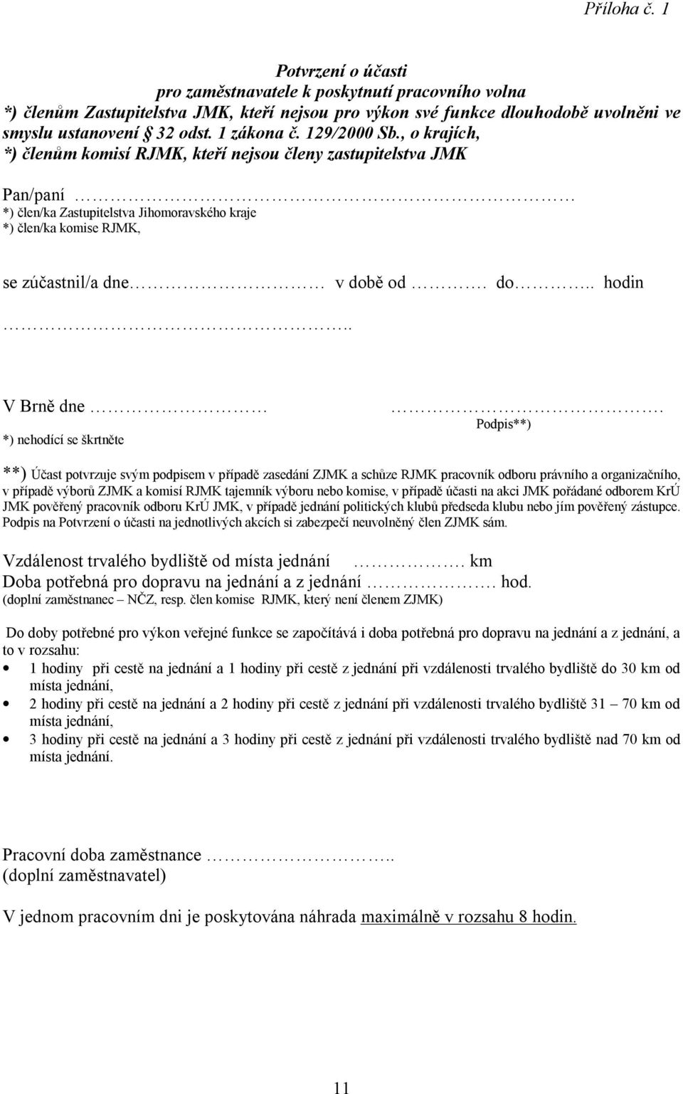 , o krajích, *) členům komisí RJMK, kteří nejsou členy zastupitelstva JMK Pan/paní *) člen/ka Zastupitelstva Jihomoravského kraje *) člen/ka komise RJMK, se zúčastnil/a dne v době od. do.. hodin.