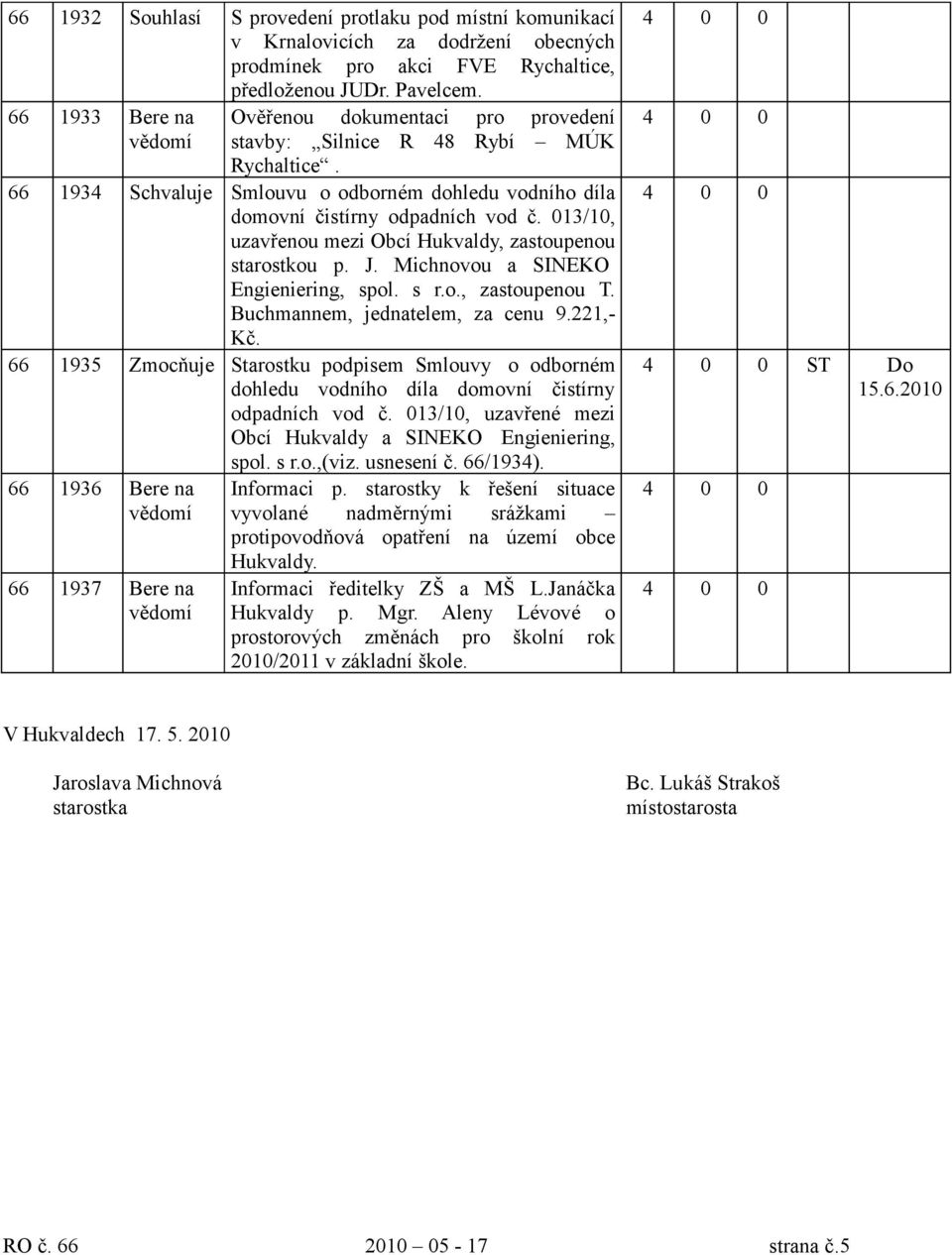 013/10, uzavřenou mezi Obcí Hukvaldy, zastoupenou starostkou p. J. Michnovou a SINEKO Engieniering, spol. s r.o., zastoupenou T. Buchmannem, jednatelem, za cenu 9.221,- Kč.