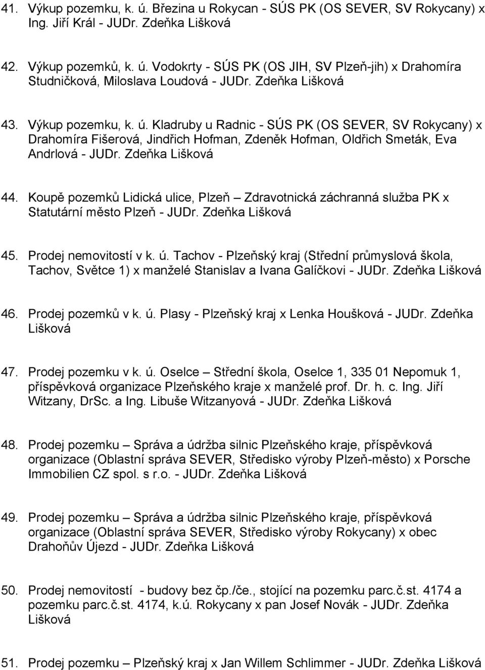 Koupě pozemků Lidická ulice, Plzeň Zdravotnická záchranná služba PK x Statutární město Plzeň - JUDr. Zdeňka Lišková 45. Prodej nemovitostí v k. ú.