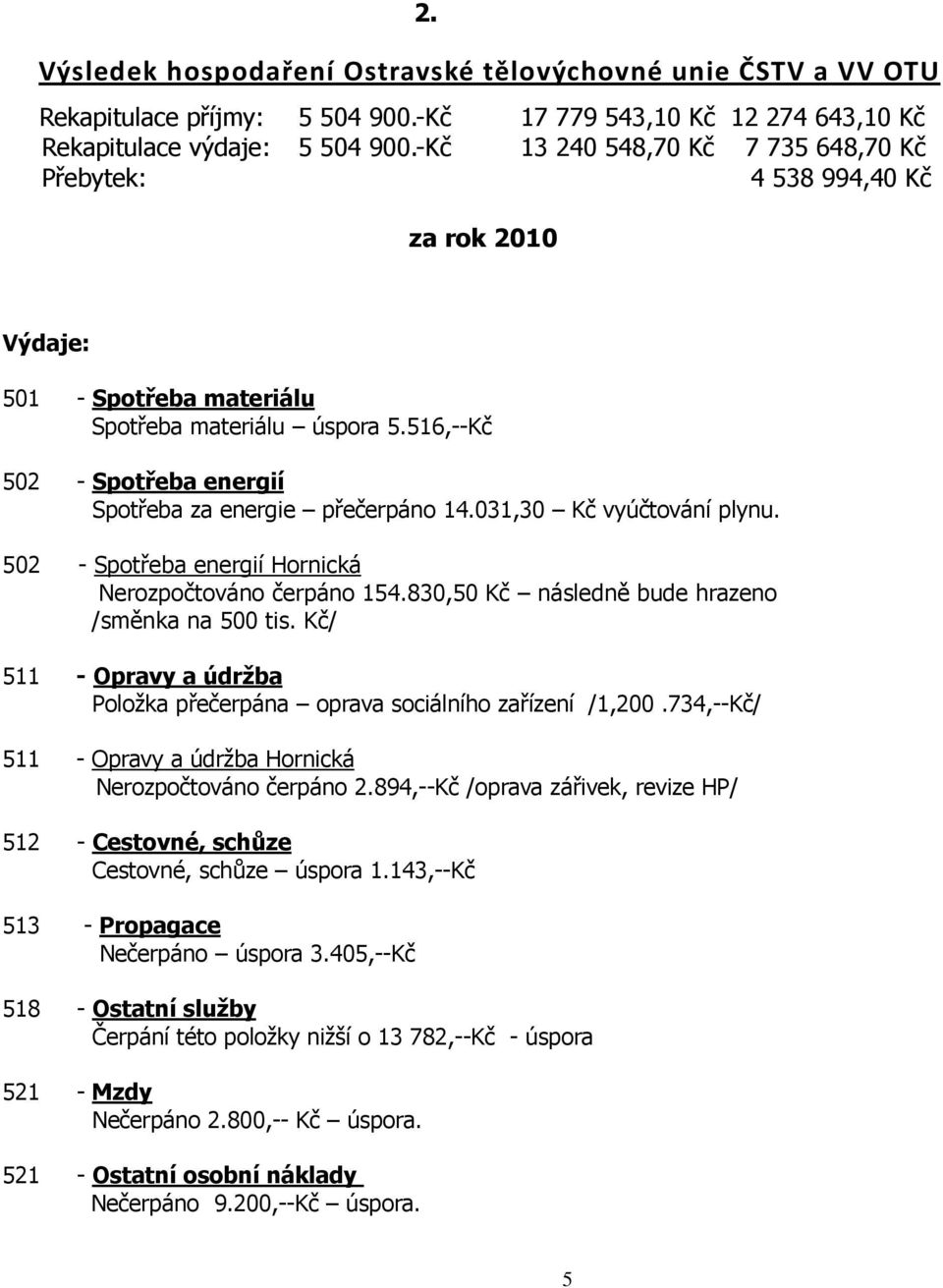 516,--Kč 502 - Spotřeba energií Spotřeba za energie přečerpáno 14.031,30 Kč vyúčtování plynu. 502 - Spotřeba energií Hornická Nerozpočtováno čerpáno 154.