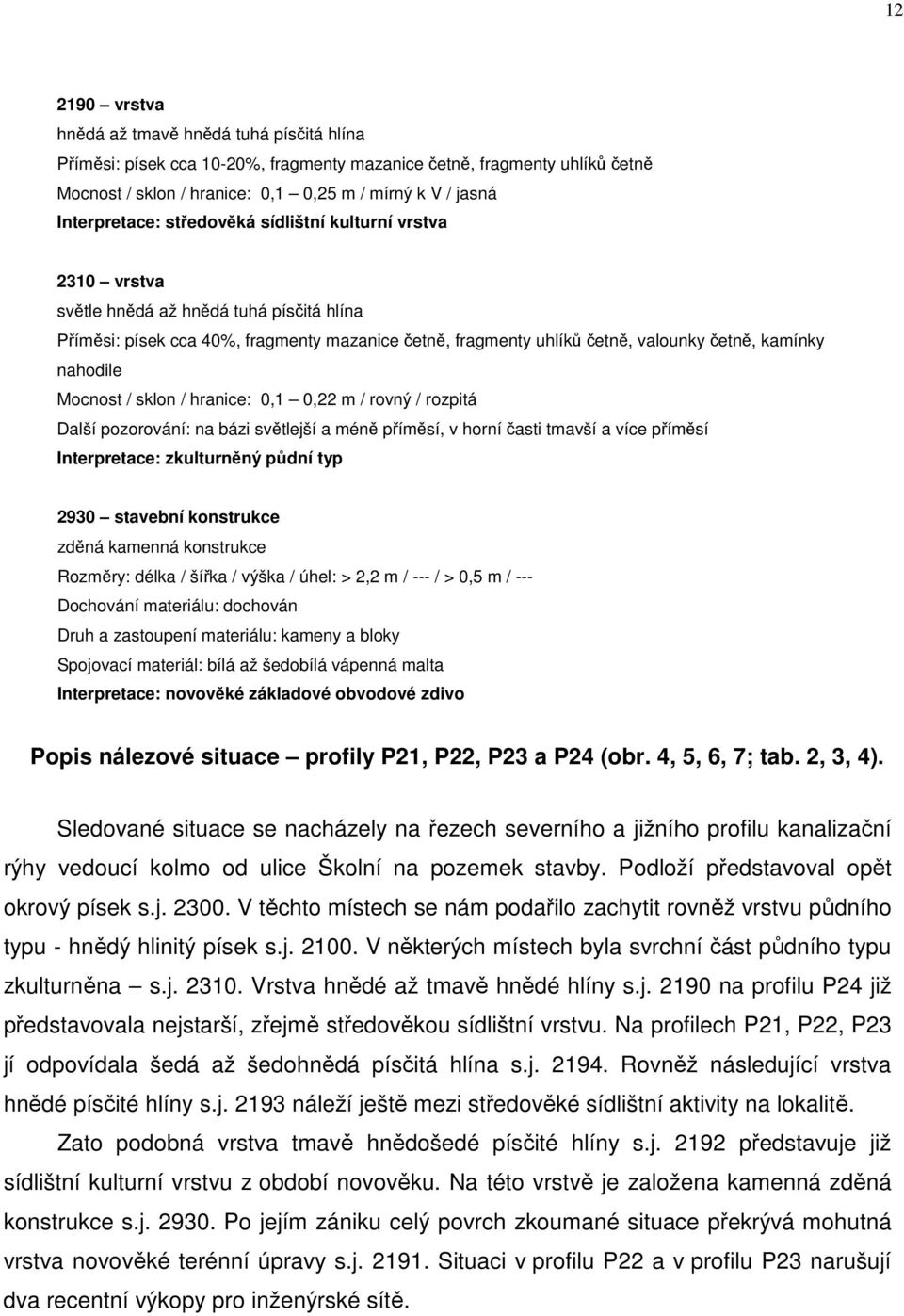 kamínky nahodile Mocnost / sklon / hranice: 0,1 0,22 m / rovný / rozpitá Další pozorování: na bázi světlejší a méně příměsí, v horní časti tmavší a více příměsí Interpretace: zkulturněný půdní typ