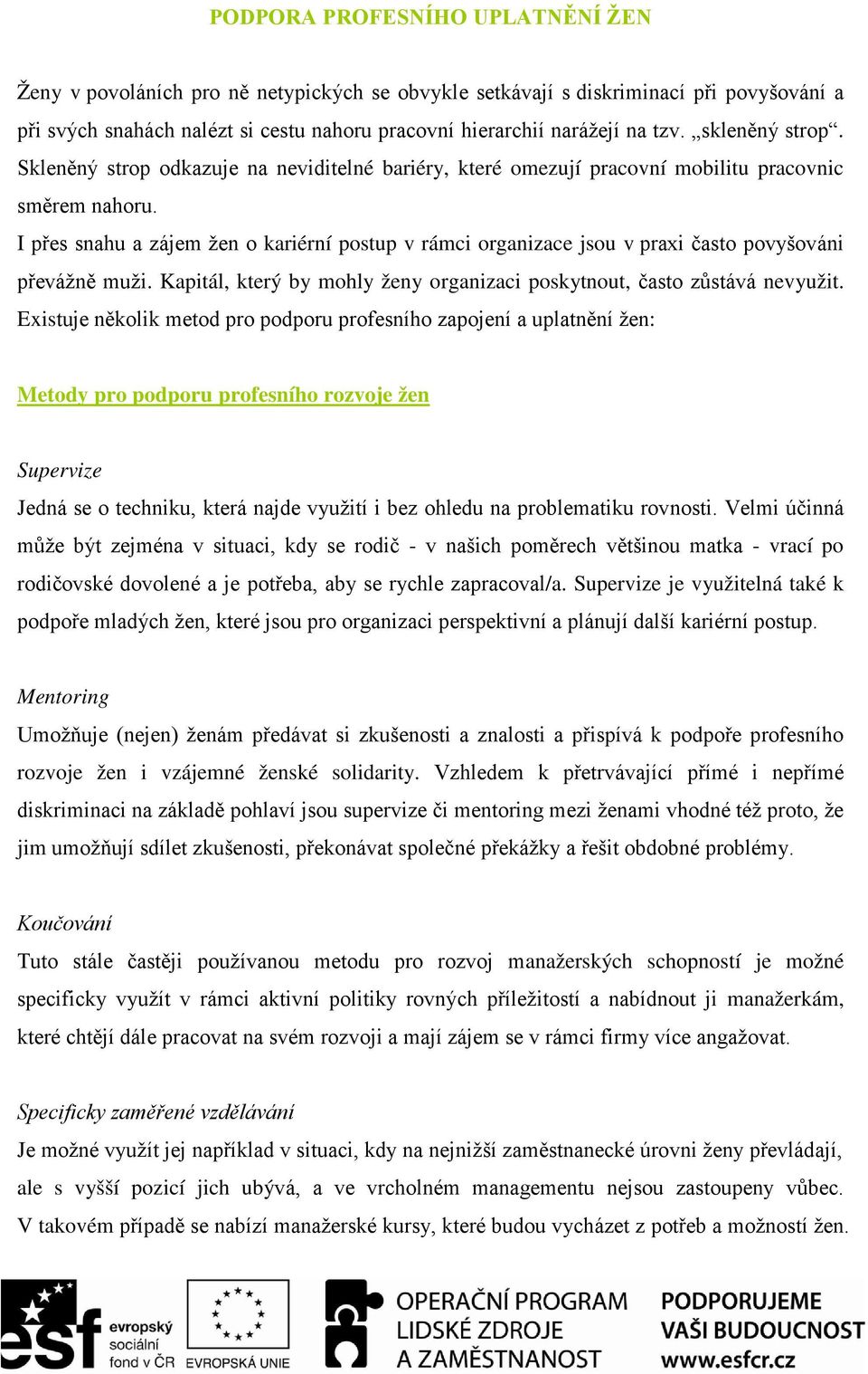 I přes snahu a zájem žen o kariérní postup v rámci organizace jsou v praxi často povyšováni převážně muži. Kapitál, který by mohly ženy organizaci poskytnout, často zůstává nevyužit.