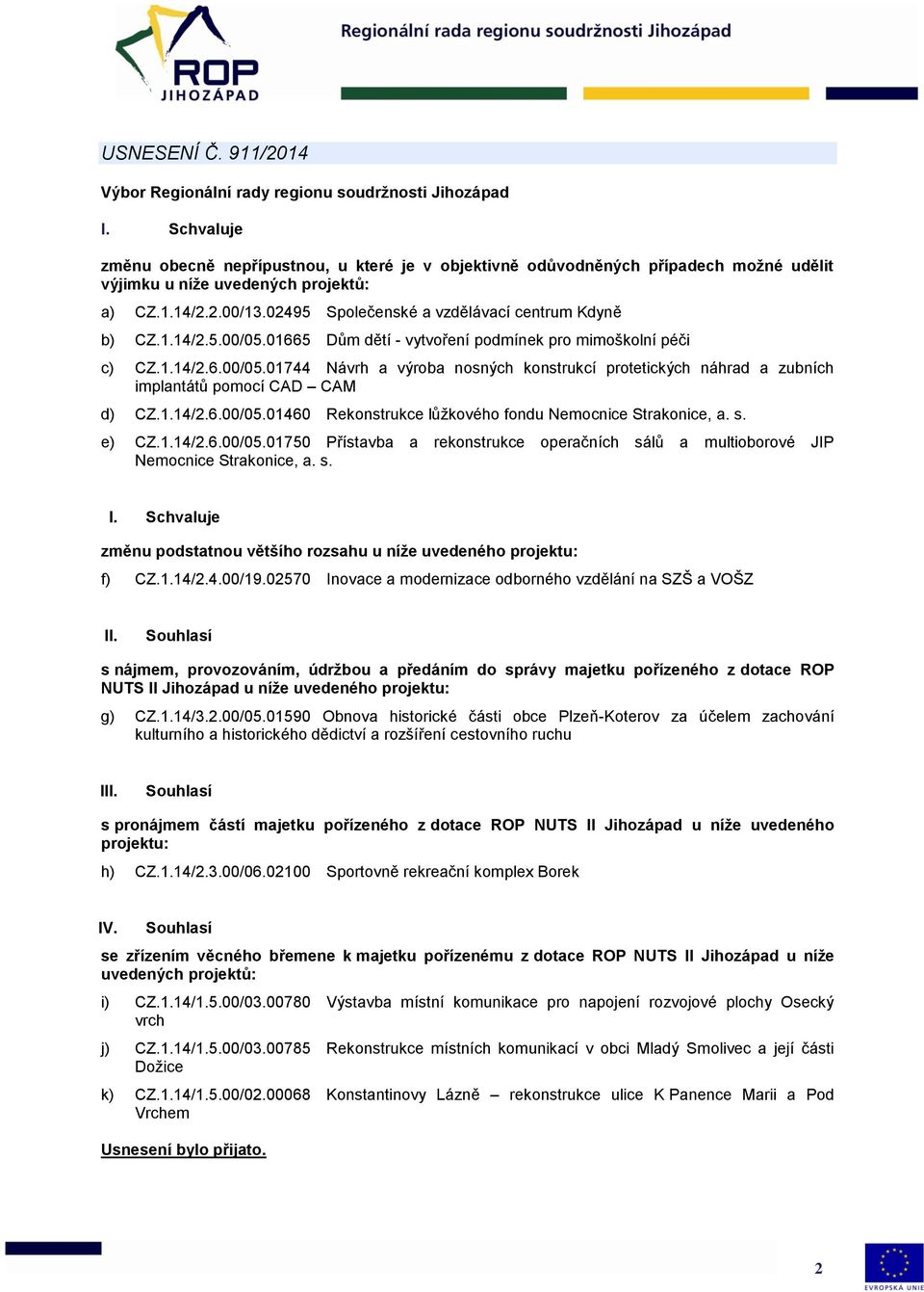 1.14/2.6.00/05.01460 Rekonstrukce lůžkového fondu Nemocnice Strakonice, a. s. e) CZ.1.14/2.6.00/05.01750 Přístavba a rekonstrukce operačních sálů a multioborové JIP Nemocnice Strakonice, a. s. I.