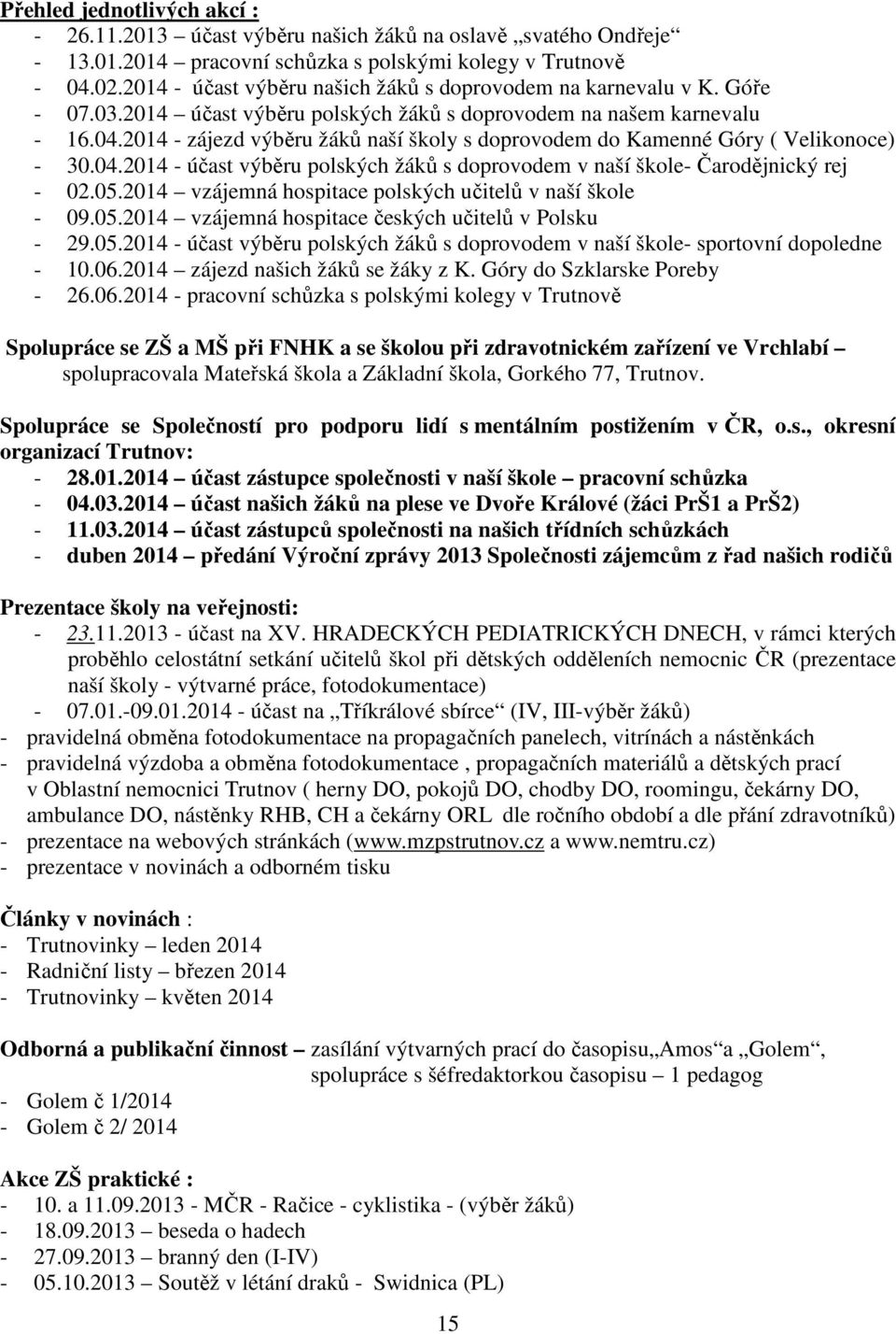 2014 - zájezd výběru žáků naší školy s doprovodem do Kamenné Góry ( Velikonoce) - 30.04.2014 - účast výběru polských žáků s doprovodem v naší škole- Čarodějnický rej - 02.05.