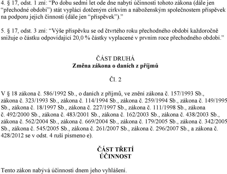 příspěvek ). 5. 17, odst. 3 zní: Výše příspěvku se od čtvrtého roku přechodného období každoročně snižuje o částku odpovídající 20,0 % částky vyplacené v prvním roce přechodného období.