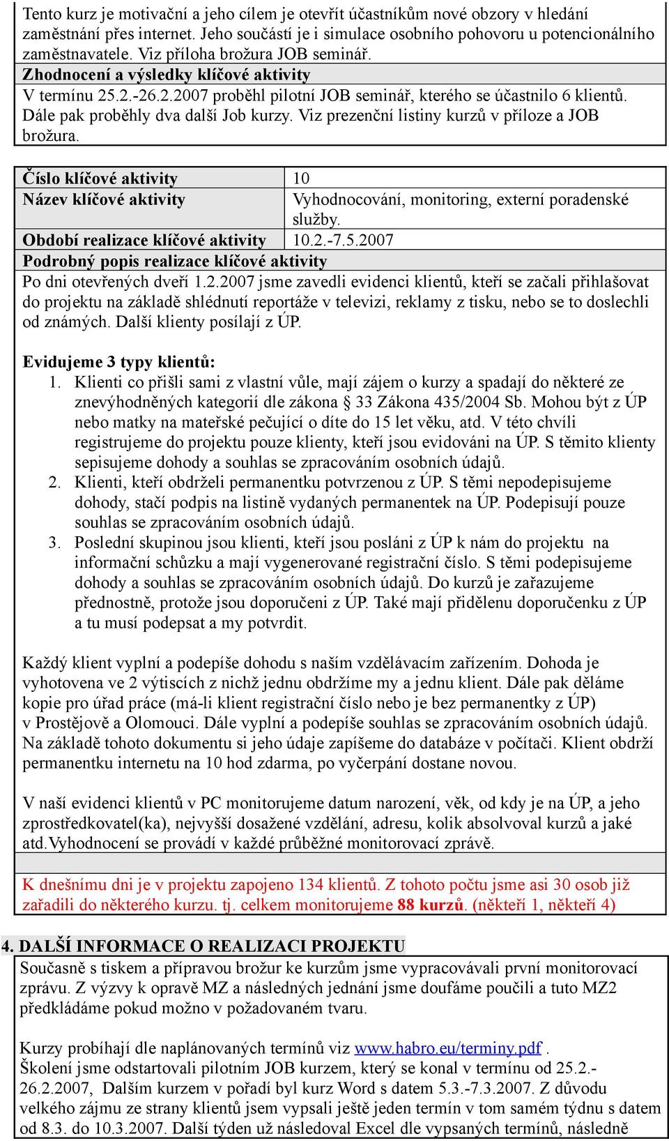 Viz prezenční listiny kurzů v příloze a JOB brožura. Číslo klíčové 10 Vyhodnocování, monitoring, externí poradenské služby. Období realizace klíčové 10.2.