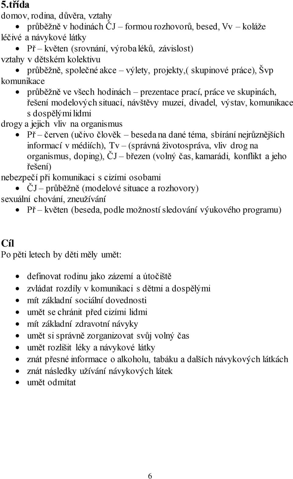 výstav, komunikace s dospělými lidmi drogy a jejich vliv na organismus Př červen (učivo člověk beseda na dané téma, sbírání nejrůznějších informací v médiích), Tv (správná životospráva, vliv drog na