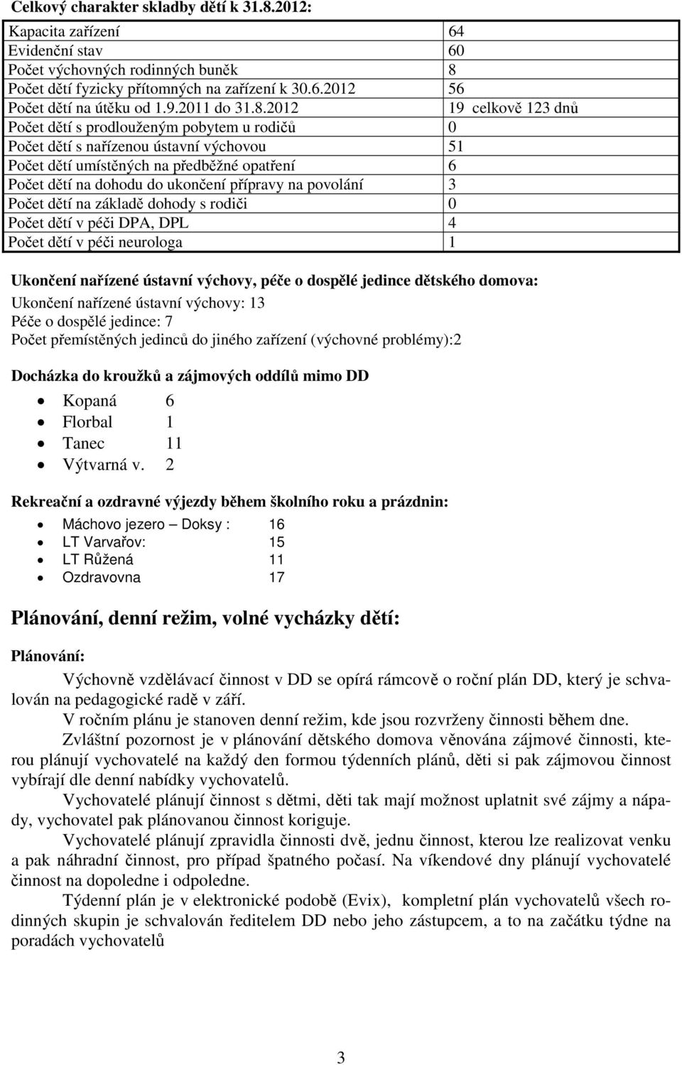 2012 19 celkově 123 dnů Počet dětí s prodlouženým pobytem u rodičů 0 Počet dětí s nařízenou ústavní výchovou 51 Počet dětí umístěných na předběžné opatření 6 Počet dětí na dohodu do ukončení přípravy