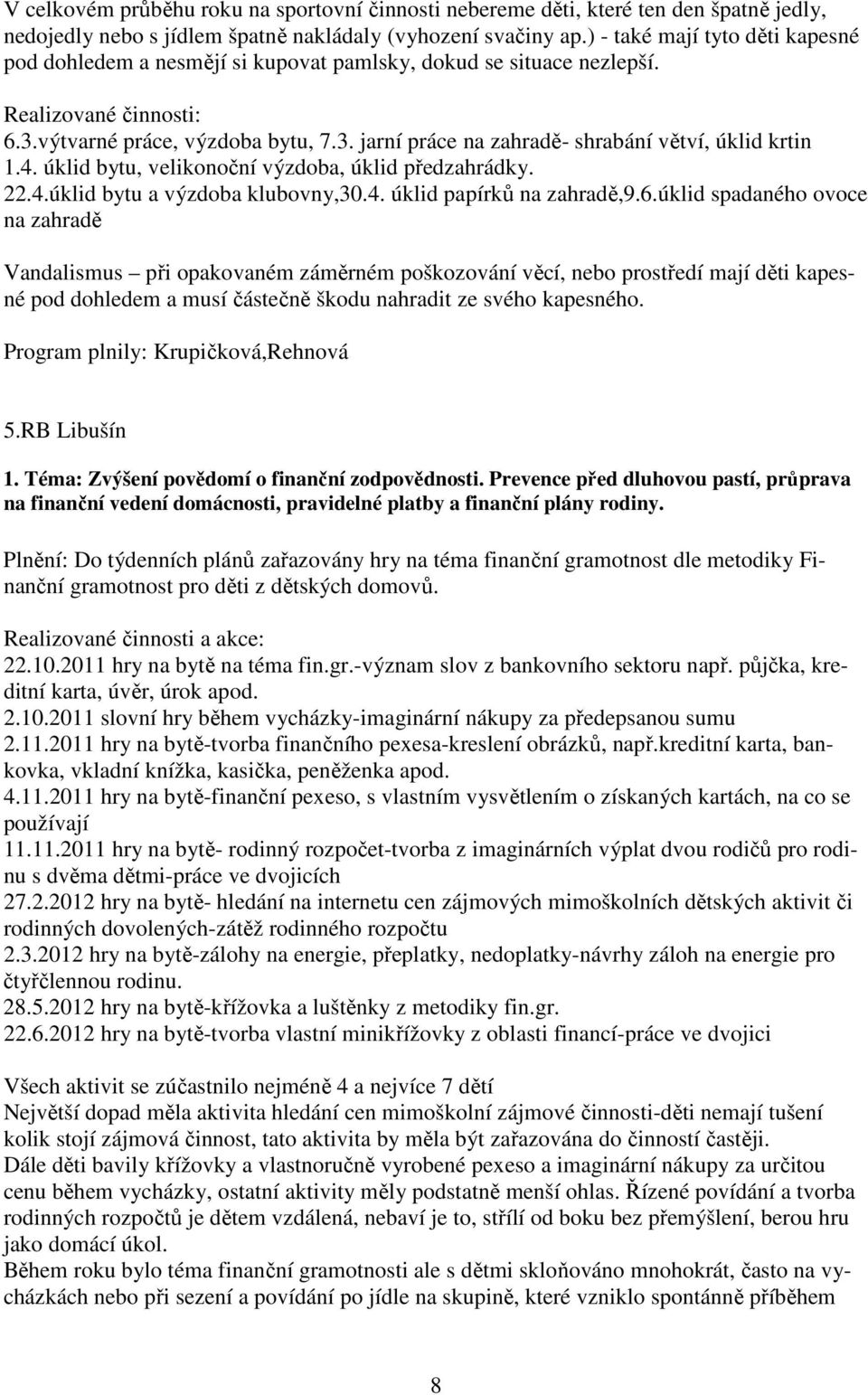 4. úklid bytu, velikonoční výzdoba, úklid předzahrádky. 22.4.úklid bytu a výzdoba klubovny,30.4. úklid papírků na zahradě,9.6.