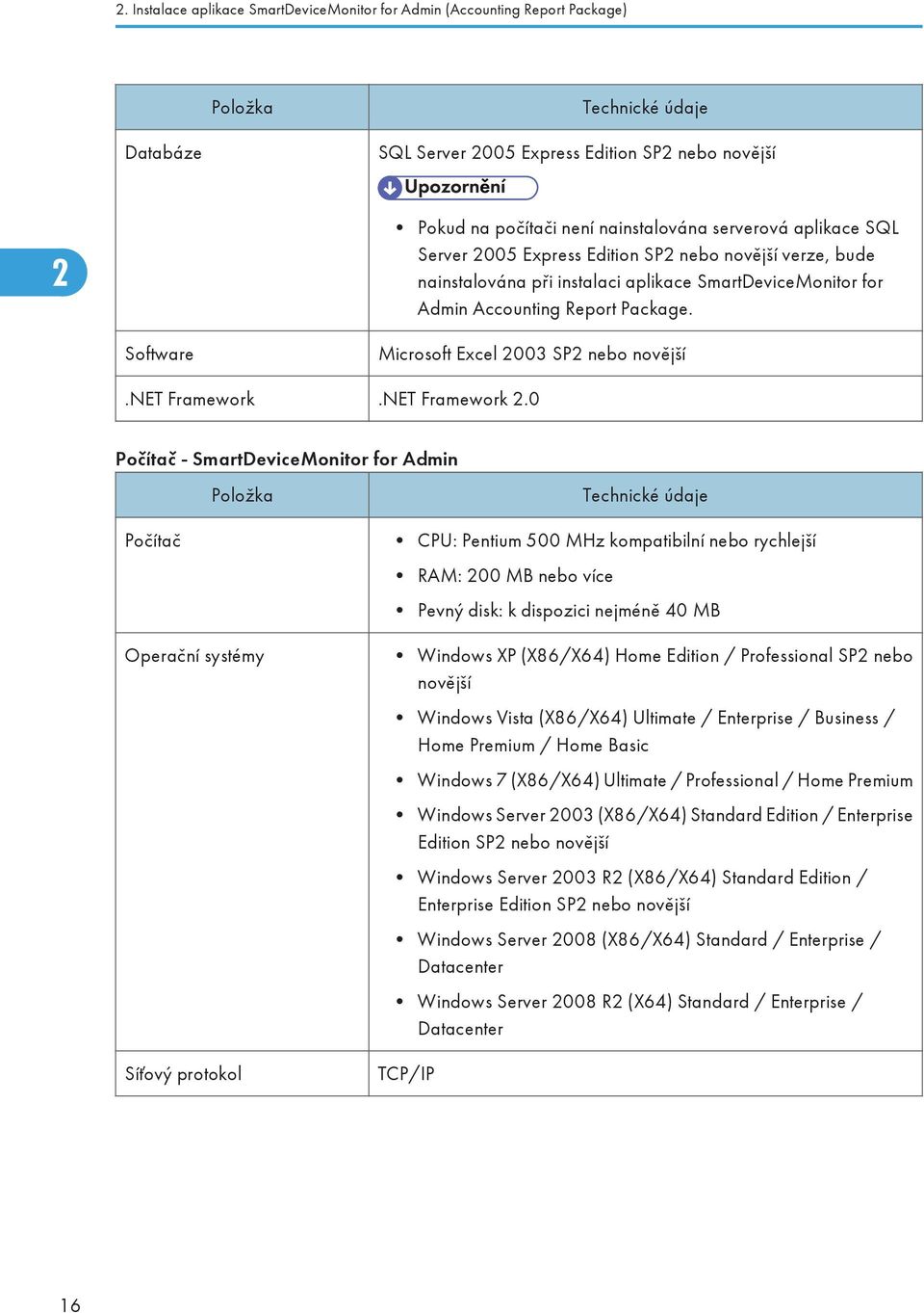 Software Microsoft Excel 2003 SP2 nebo novější.net Framework.NET Framework 2.