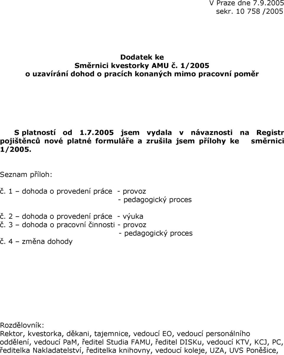 4 změna dohody Rozdělovník: Rektor, kvestorka, děkani, tajemnice, vedoucí EO, vedoucí personálního oddělení, vedoucí PaM, ředitel Studia FAMU, ředitel DISKu, vedoucí KTV, KCJ,