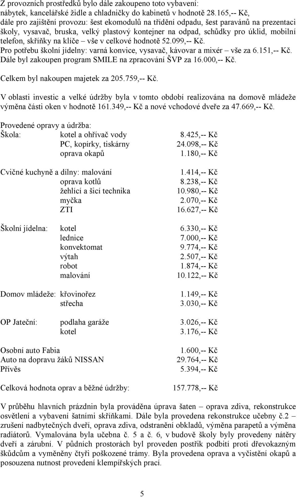 skříňky na klíče vše v celkové hodnotě 52.099,-- Kč. Pro potřebu školní jídelny: varná konvice, vysavač, kávovar a mixér vše za 6.151,-- Kč. Dále byl zakoupen program SMILE na zpracování ŠVP za 16.