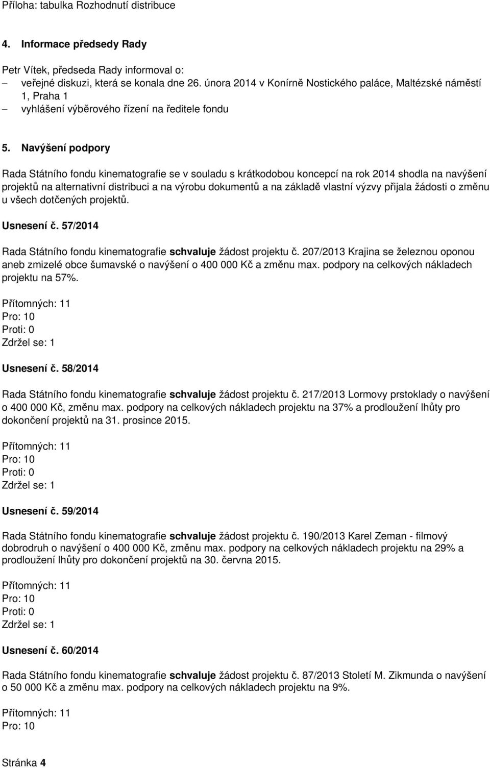 Navýšení podpory Rada Státního fondu kinematografie se v souladu s krátkodobou koncepcí na rok 2014 shodla na navýšení projektů na alternativní distribuci a na výrobu dokumentů a na základě vlastní