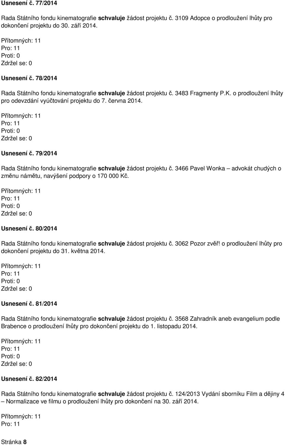 79/2014 Rada Státního fondu kinematografie schvaluje žádost projektu č. 3466 Pavel Wonka advokát chudých o změnu námětu, navýšení podpory o 170 000 Kč. Usnesení č.