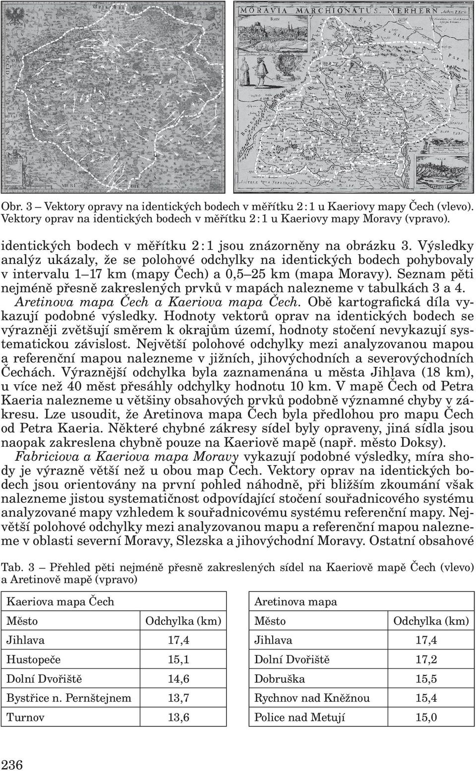 Výsledky analýz ukázaly, že se polohové odchylky na identických bodech pohybovaly v intervalu 1 17 km (mapy Čech) a 0,5 25 km (mapa Moravy).