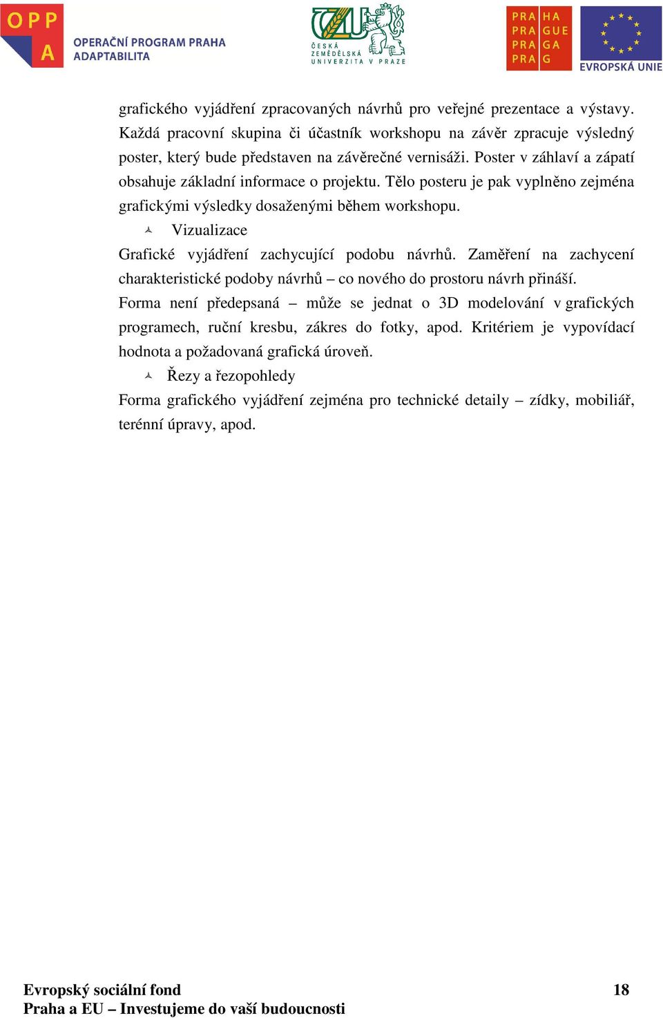 Tělo posteru je pak vyplněno zejména grafickými výsledky dosaženými během workshopu. Vizualizace Grafické vyjádření zachycující podobu návrhů.