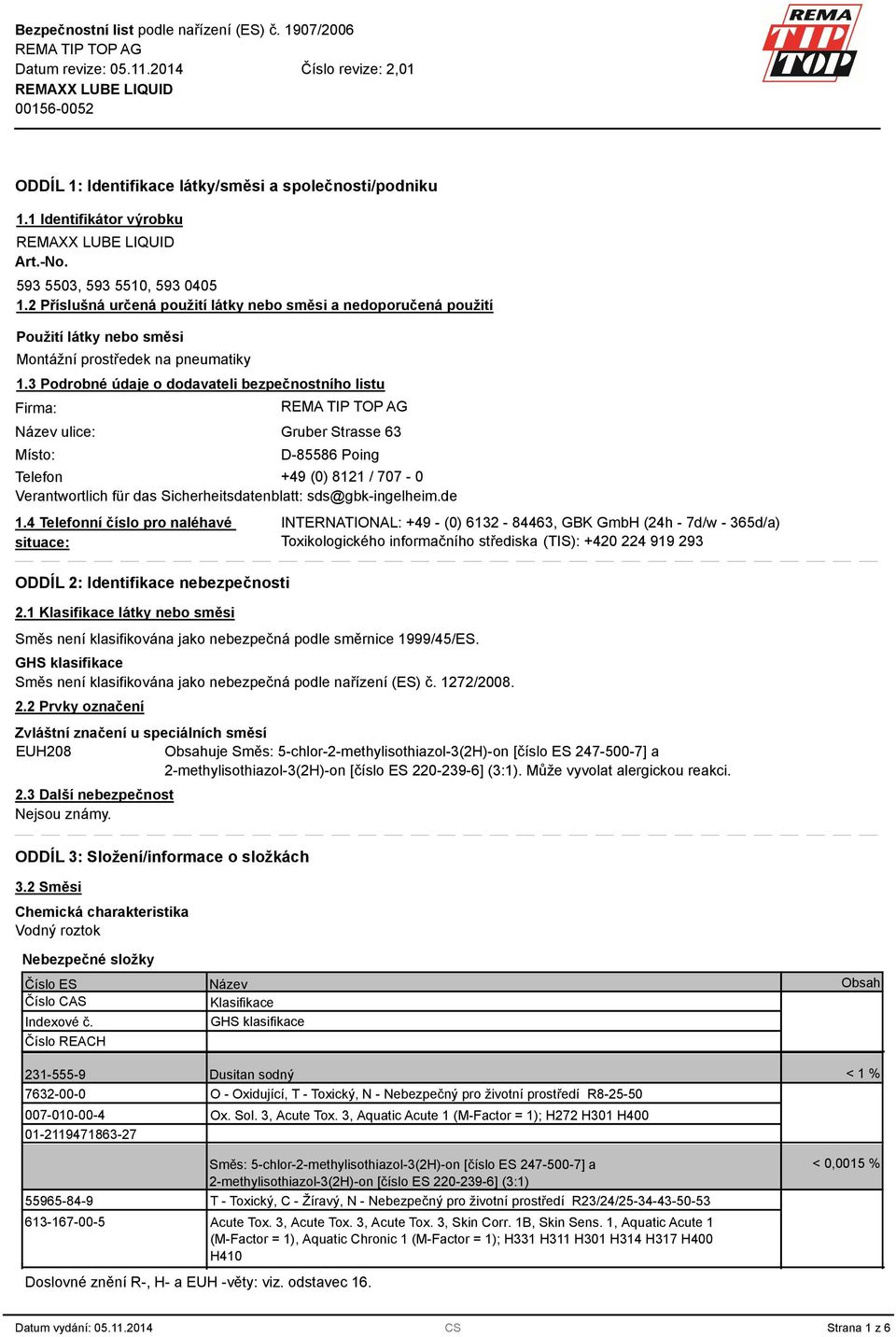 3 Podrobné údaje o dodavateli bezpečnostního listu Firma: Název ulice: Místo: Gruber Strasse 63 D-85586 Poing Telefon +49 (0) 8121 / 707-0 Verantwortlich für das Sicherheitsdatenblatt: