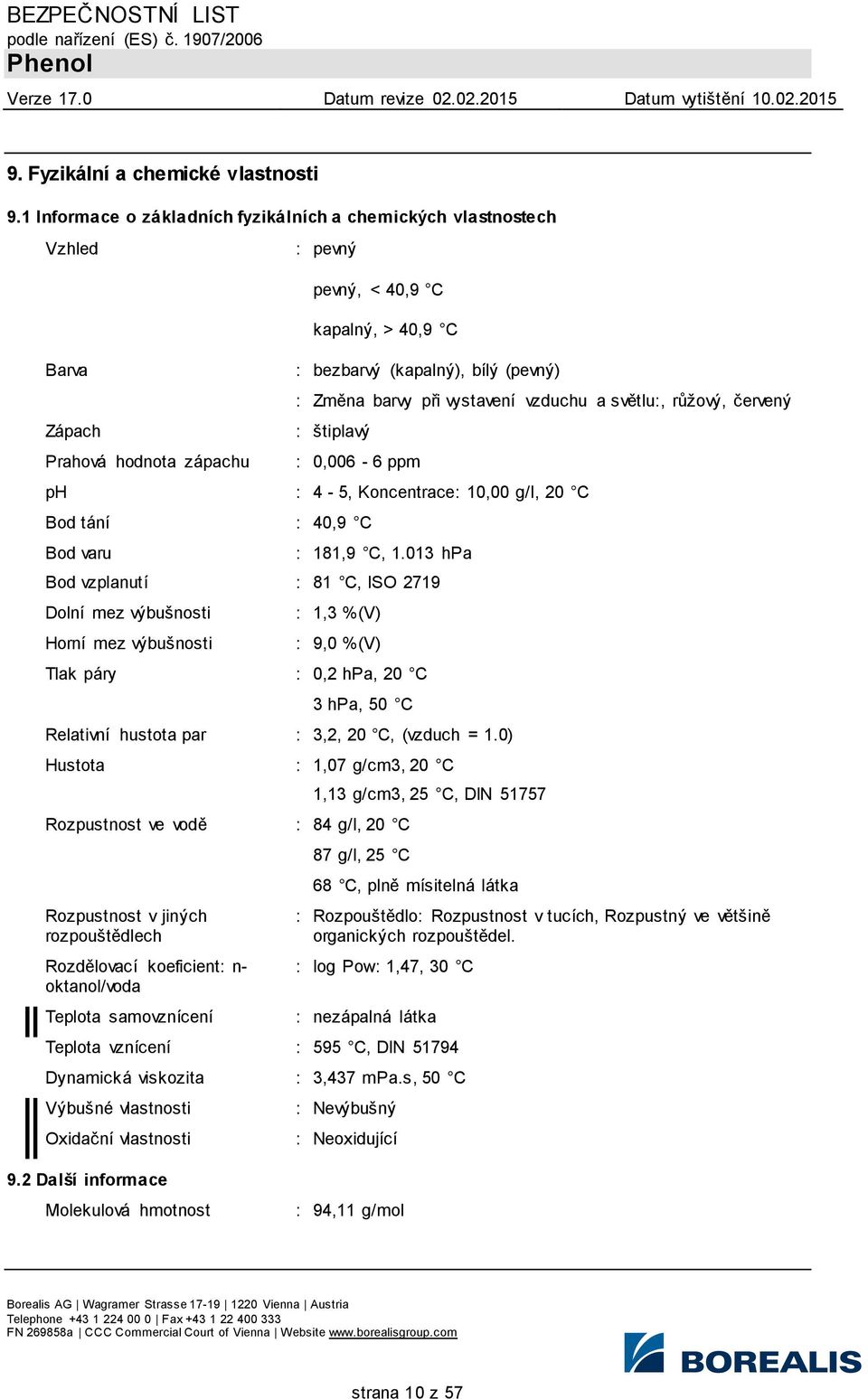 při vystavení vzduchu a světlu:, růžový, červený : štiplavý : 0,006-6 ppm ph : 4-5, Koncentrace: 10,00 g/l, 20 C Bod tání : 40,9 C Bod varu : 181,9 C, 1.