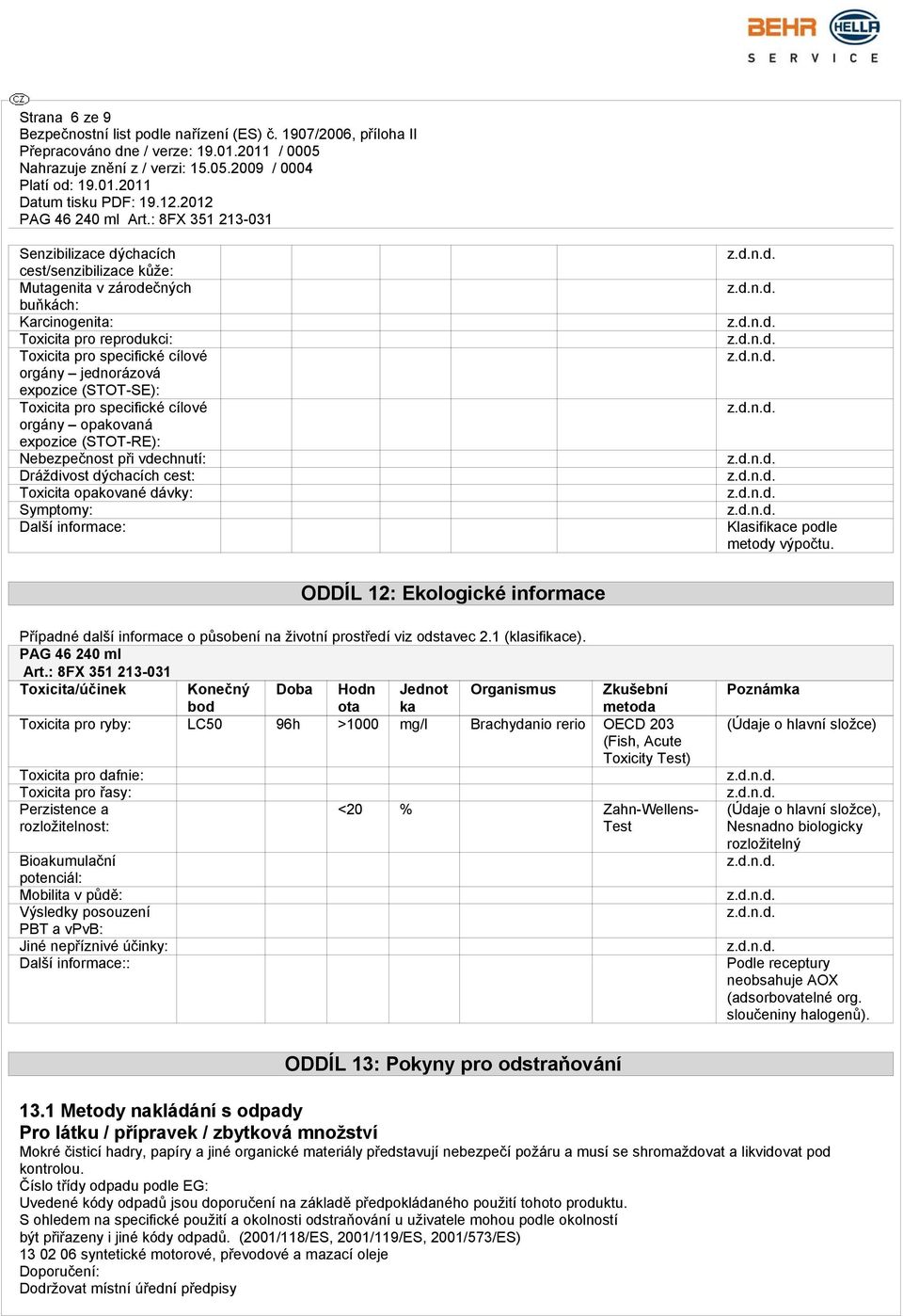 podle metody výpočtu. ODDÍL 12: Ekologické informace Případné další informace o působení na životní prostředí viz odstavec 2.1 (klasifikace). PAG 46 240 ml Art.