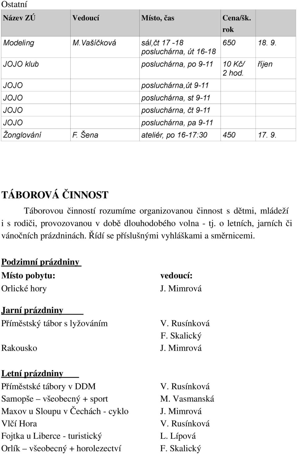 o letních, jarních či vánočních prázdninách. Řídí se příslušnými vyhláškami a směrnicemi.