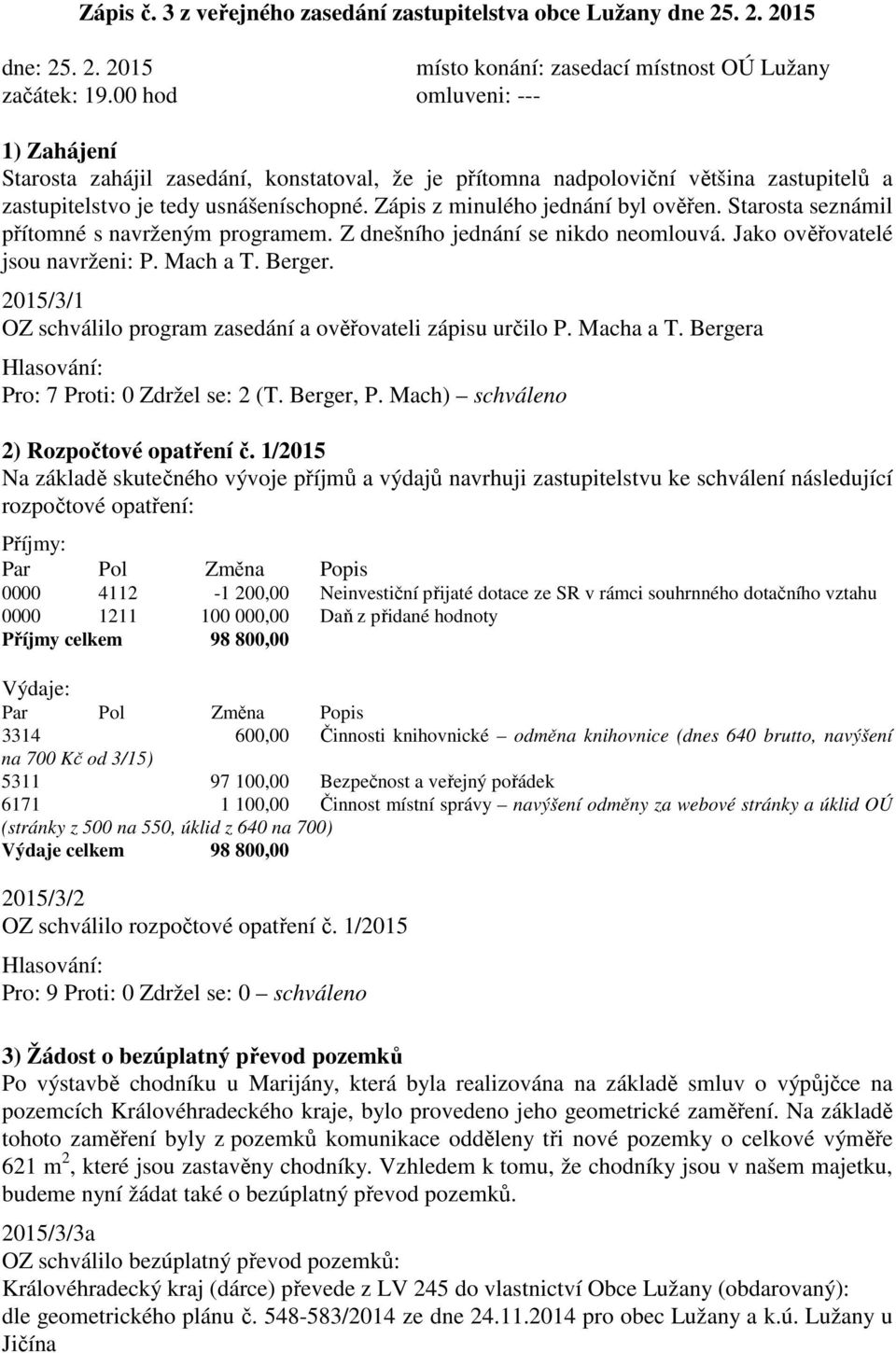 Starosta seznámil přítomné s navrženým programem. Z dnešního jednání se nikdo neomlouvá. Jako ověřovatelé jsou navrženi: P. Mach a T. Berger.