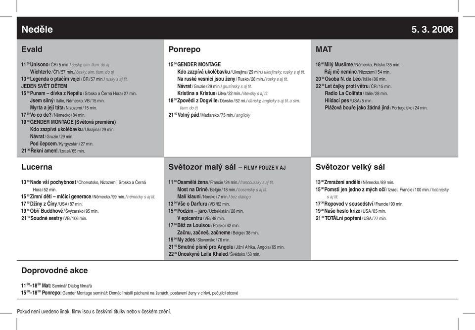 19 30 GENDER MONTAGE (Světová premiéra) Kdo zazpívá ukolébavku / Ukrajina / 29 min. Návrat / Gruzie / 29 min. Pod čepcem / Kyrgyzstán / 27 min. 21 30 Řekni amen! / Izrael / 65 min.