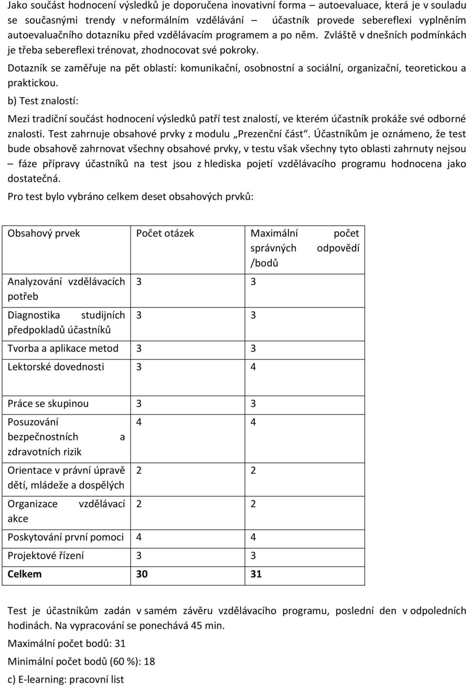 Dotazník se zaměřuje na pět oblastí: komunikační, osobnostní a sociální, organizační, teoretickou a praktickou.