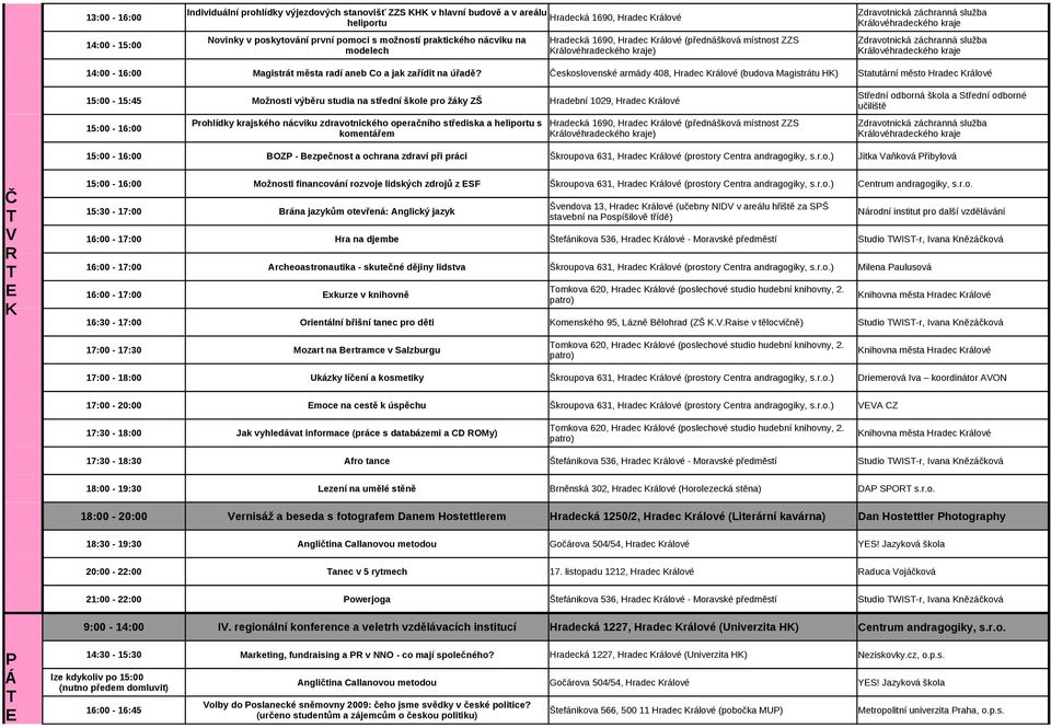 Československé armády 408, Hradec rálové (budova Magistrátu H) Statutární město Hradec rálové 15:00-15:45 Možnosti výběru studia na střední škole pro žáky ZŠ Hradební 1029, Hradec rálové 15:00-16:00