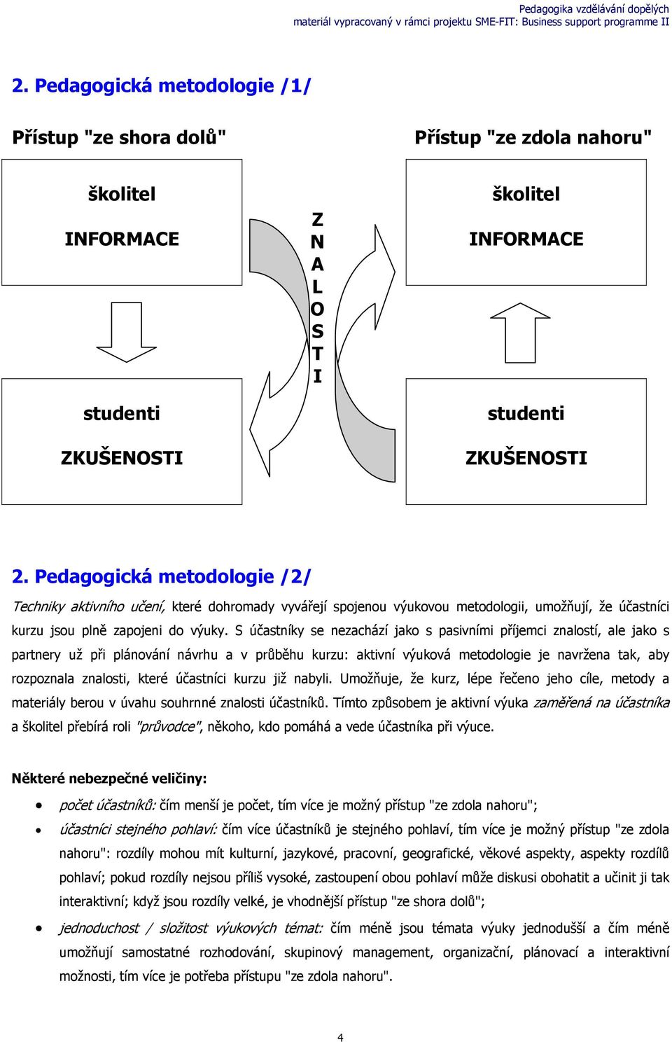 S účastníky se nezachází jako s pasivními příjemci znalostí, ale jako s partnery už při plánování návrhu a v průběhu kurzu: aktivní výuková metodologie je navržena tak, aby rozpoznala znalosti, které